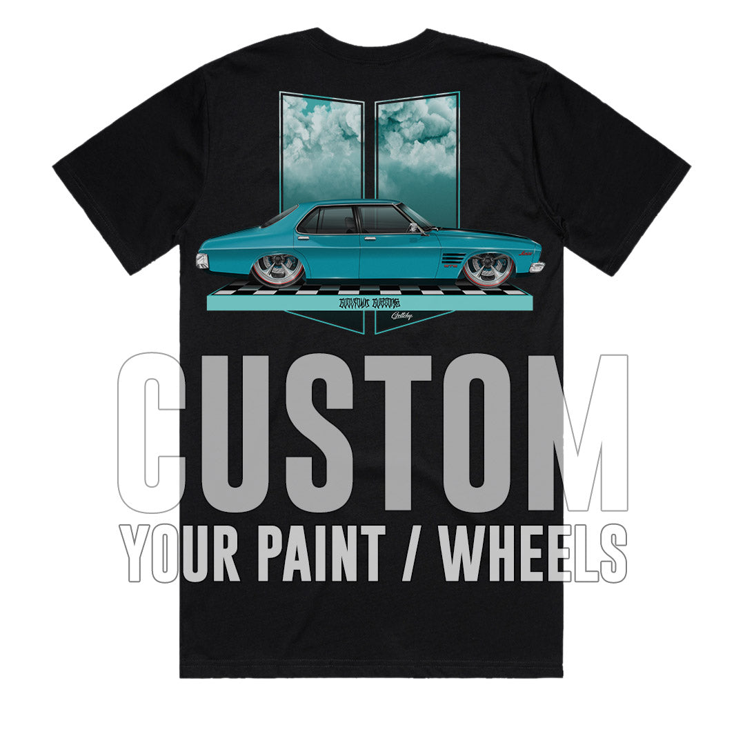 4 PLAY Holden HQ Monaro t-shirt back with custom paint colour and wheel options featuring personalized hand-illustrated Australian muscle car artwork by Mark Geltch