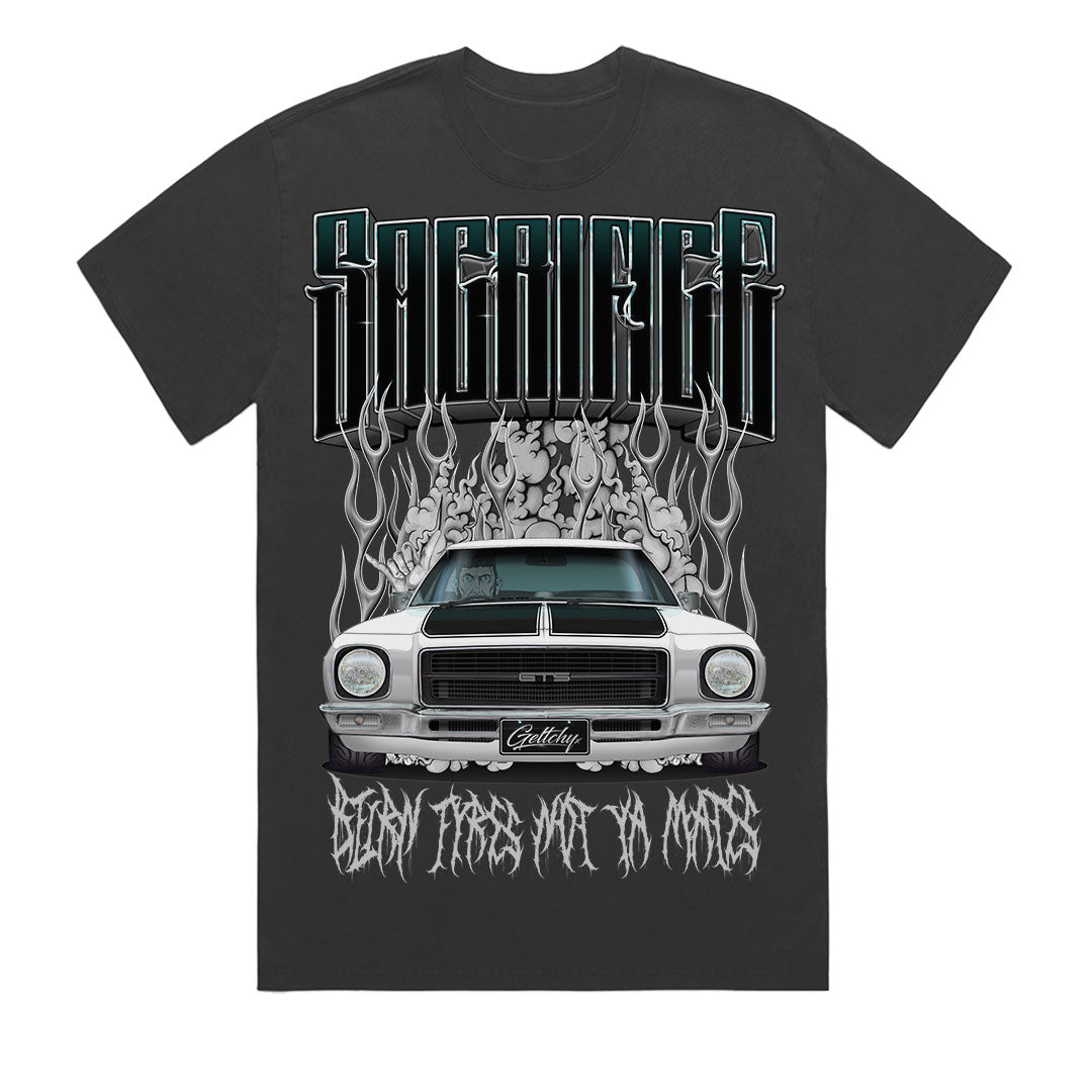 Australian-made heavy cotton t-shirt featuring Mark Geltch's hand-illustrated HQ Holden GTS Monaro burnout artwork by SACRIFICE Industries