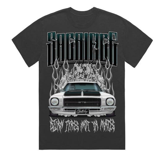 Australian-made heavy cotton t-shirt featuring Mark Geltch's hand-illustrated HQ Holden GTS Monaro burnout artwork by SACRIFICE Industries