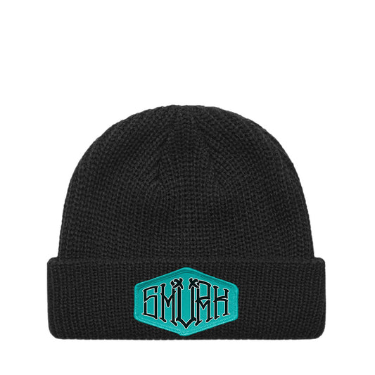 DOCKYARD Black Cable Knit Cuff Beanie by SMVRK Supply Co featuring D.I.Y. cloth patch - Australian made punk streetwear headwear for men