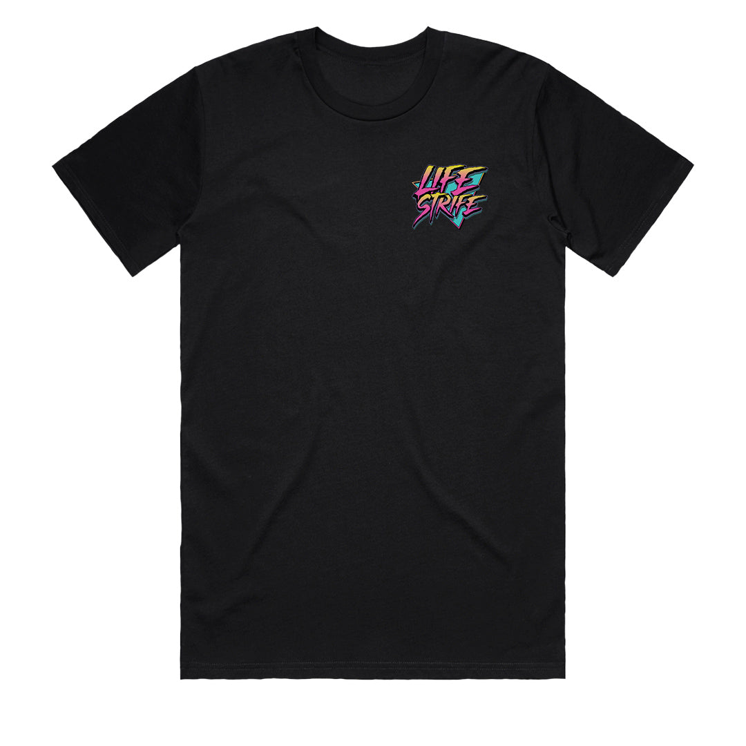 Front view of ELECTRIC Premium Neon Logo Black T-Shirt by Life Strife showing small neon chest print, 200GSM premium cotton construction, Australian made streetwear
