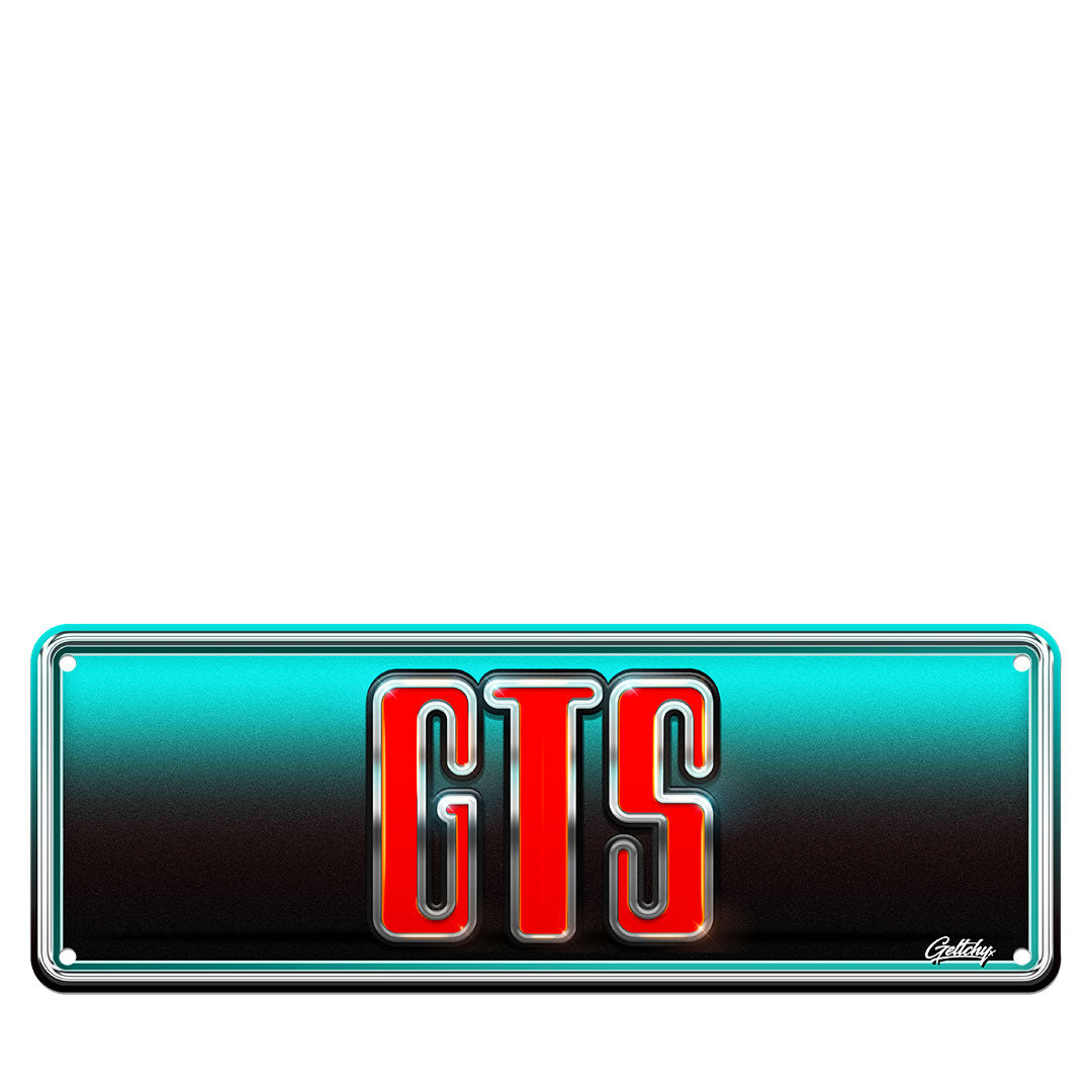 Holden GTS 1974 premium aluminium number plate sign with black background and red lettering, hand-illustrated by Mark Geltch, suitable for outdoor man cave decor