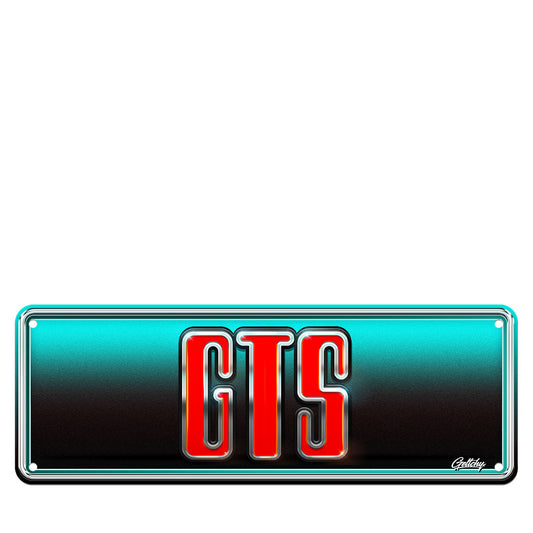 Holden GTS 1974 premium aluminium number plate sign with black background and red lettering, hand-illustrated by Mark Geltch, suitable for outdoor man cave decor
