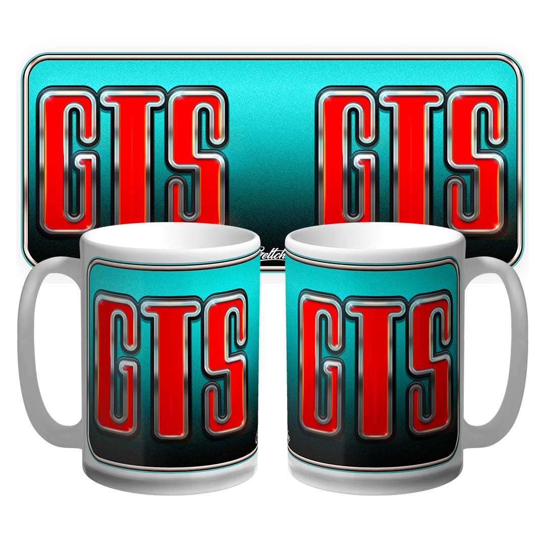 GTS HJ Holden Monaro badge 15oz premium coffee mug with teal and red GTS artwork by Geltchy, Australian‑made street machine gift