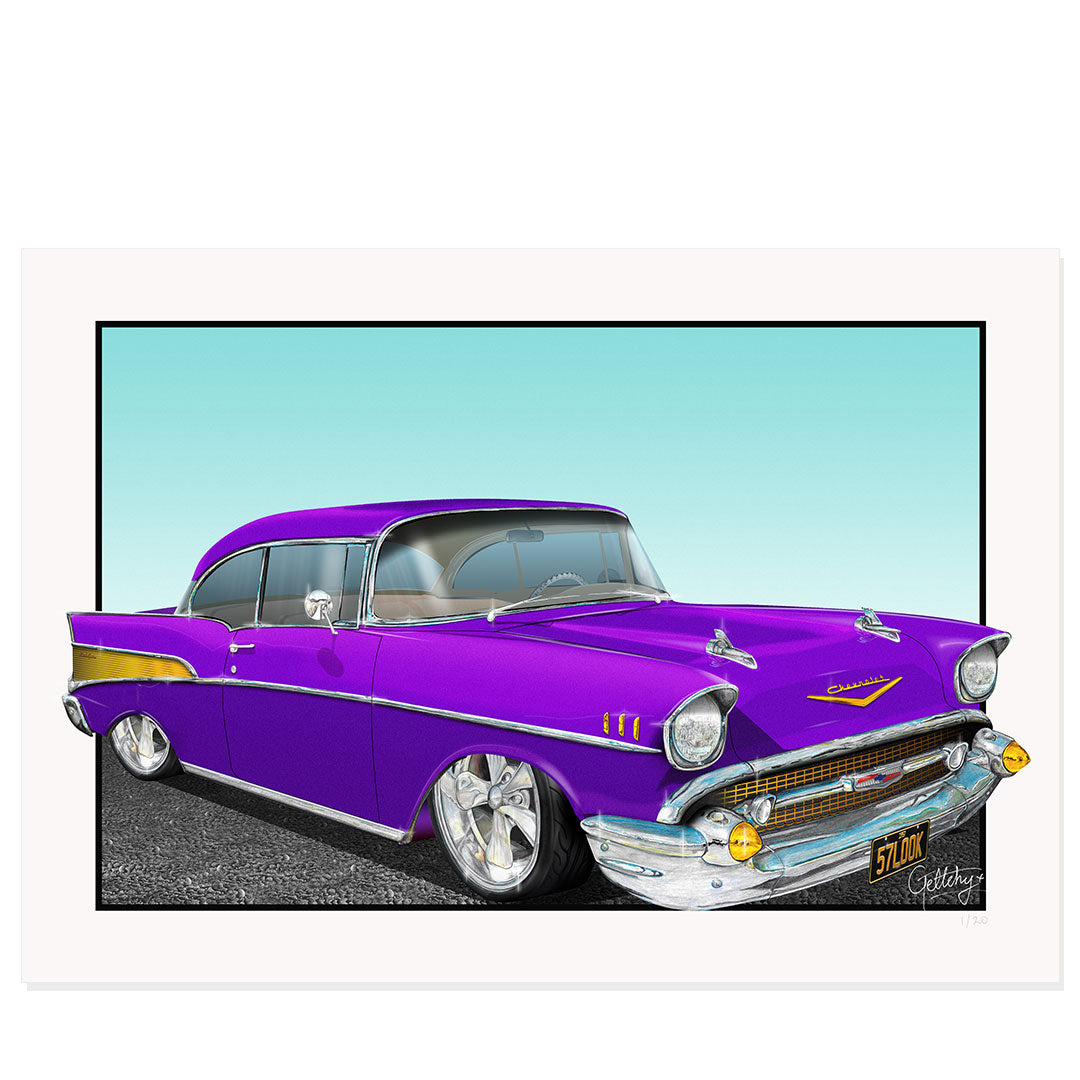 Geltchy | 1957 CHEVROLET Purple Bel Air Car Art Man Cave Artwork Prints
