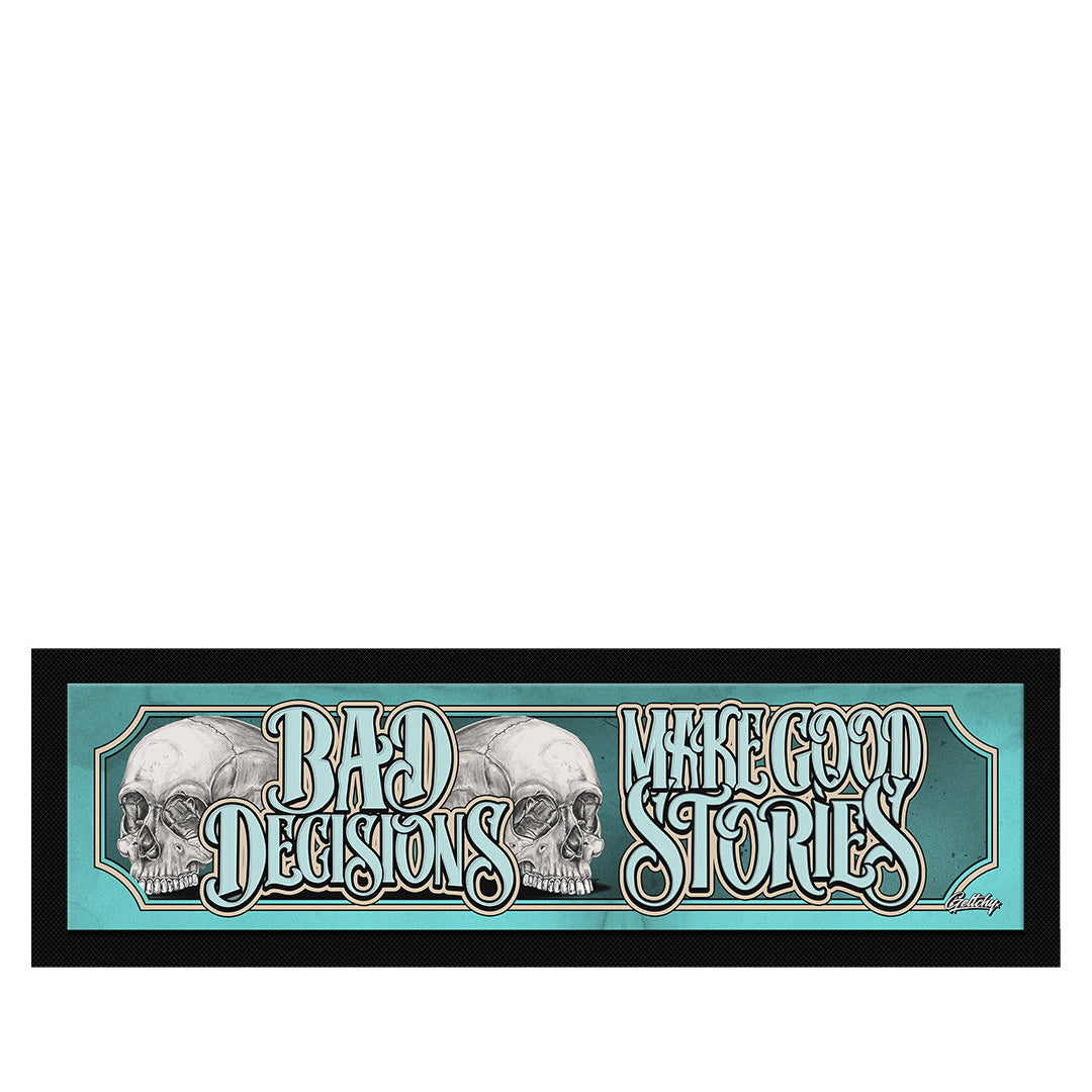Geltchy | BAD DECISIONS MAKE GOOD STORIES Skull Kustom Kulture Bar Runner Mat in Teal