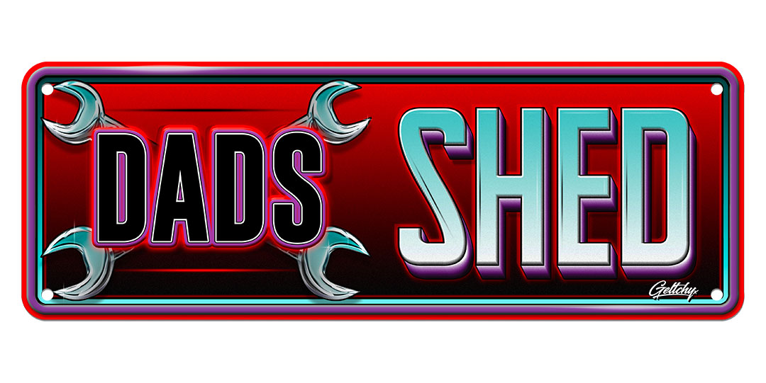 Geltchy | DADS SHED Hot Rod Art Unique Aussie Number Plate Man Cave Sign in Red