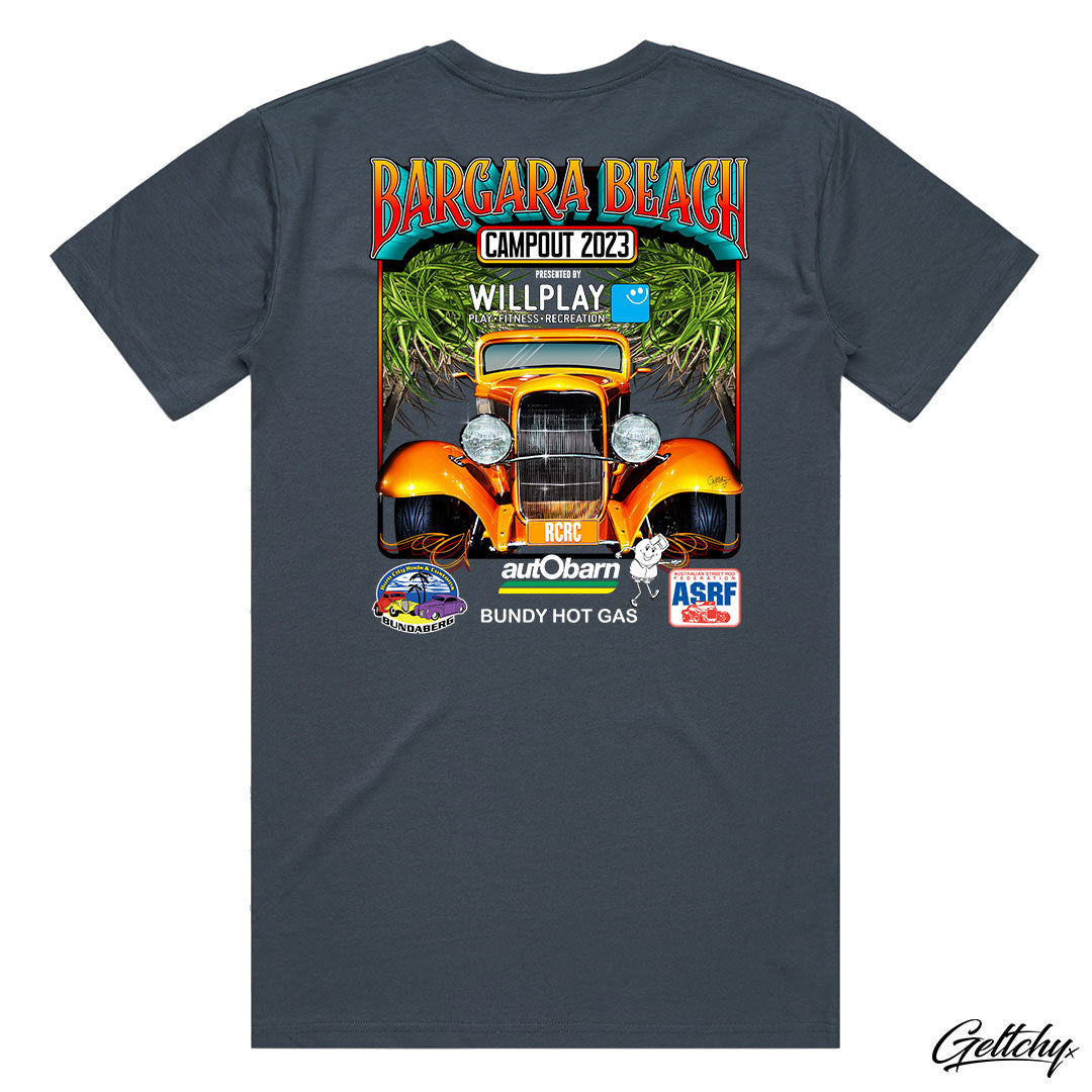 Geltchy | Dress in style and comfort with this Men's Bargara Beach Campout 2023 T-Shirt in Petrol Blue