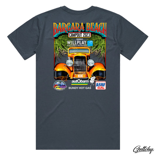 Geltchy | Dress in style and comfort with this Men's Bargara Beach Campout 2023 T-Shirt in Petrol Blue