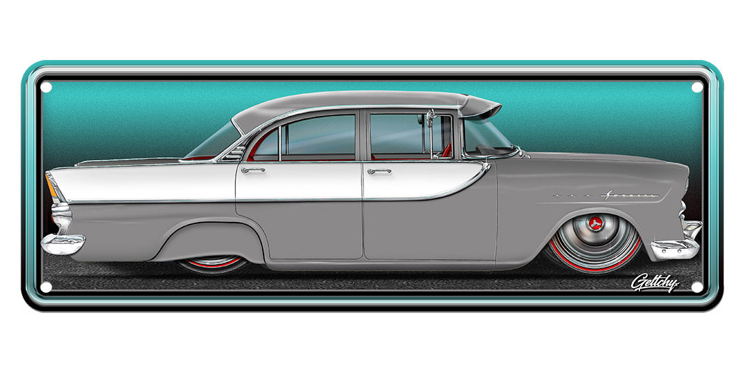Geltchy | FB HOLDEN Special Slammed 1961 Corona Grey Lowrider Sedan Street Machine Number Plate Sign, complete with NASCO accessories