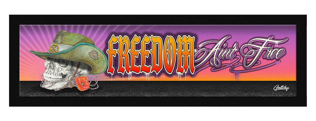 Geltchy | "Freedom Ain't Free - ANZAC Digger Skull Bar Runner Mat," a poignant tribute to the indomitable spirit of the ANZAC