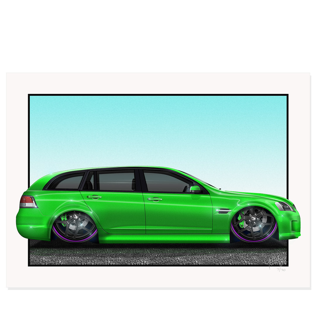 Geltchy | HOLDEN VE Commodore Slammed Atomic Green Custom Wagon V8 Street Machine Auto Art Man Cave Artwork Prints by Mark Geltch!