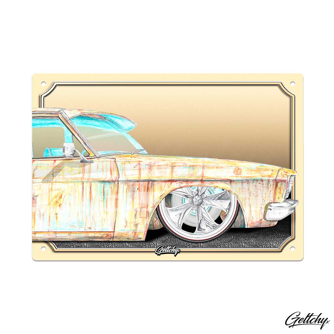 Geltchy | HQ Holden Kingswood Man Cave Sign – the perfect addition to elevate your sacred man cave. This exceptional aluminium tin sign features the iconic "RUSTY HQ Rusty Patina Classic Holden Car" and is a true gem for Old School Early Holden Street Machine enthusiasts