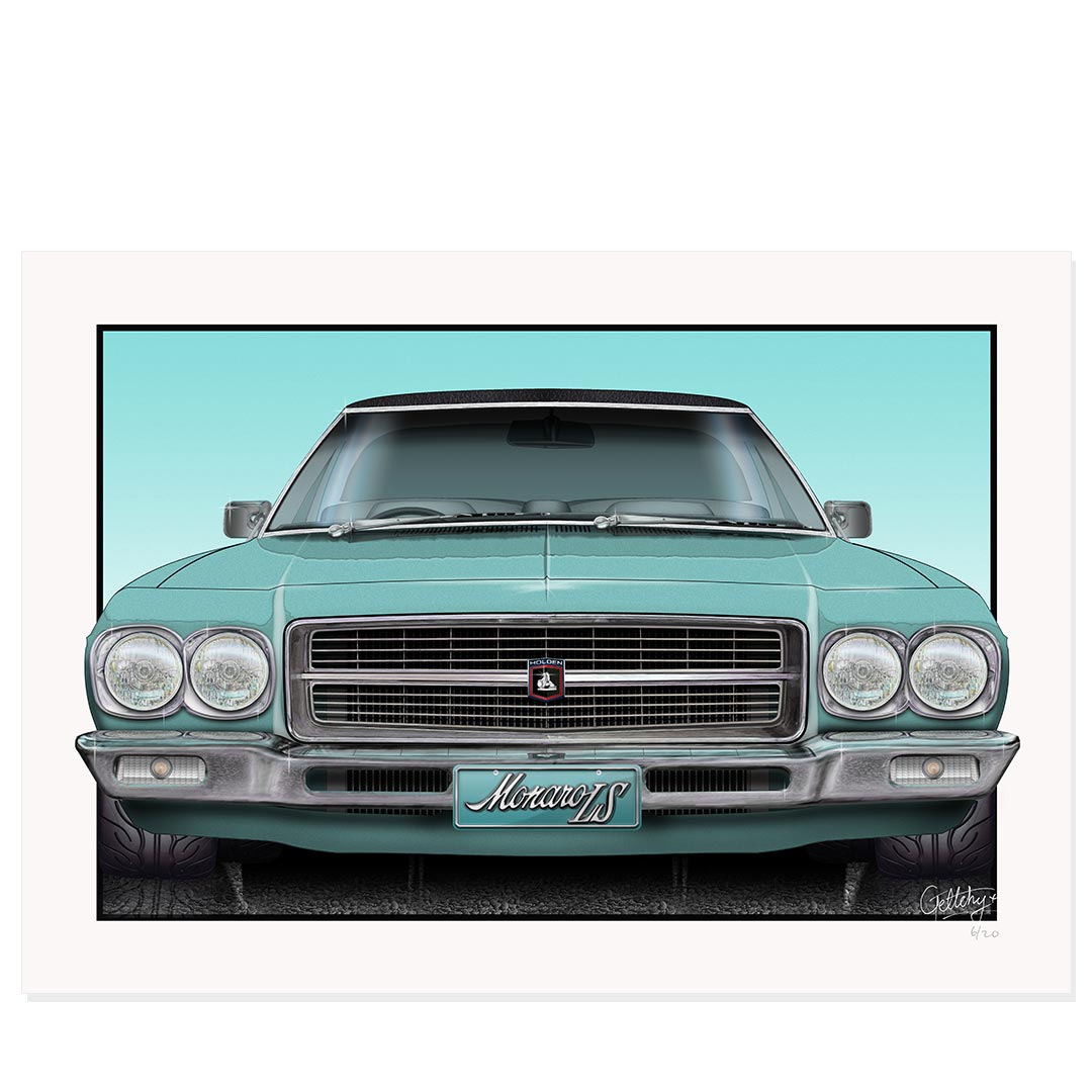 Geltchy | Holden HQ Monaro LS Front View Auto Art Print Man Cave Artwork in Taormina Blue