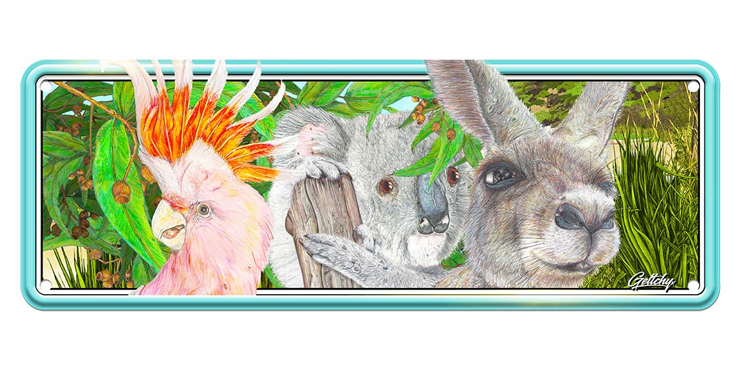 Geltchy | LOCALS Australiana Car Number Plate - the ultimate Australian-themed novelty license plate featuring iconic native animals such as the Cockatoo, Koala, and Kangaroo