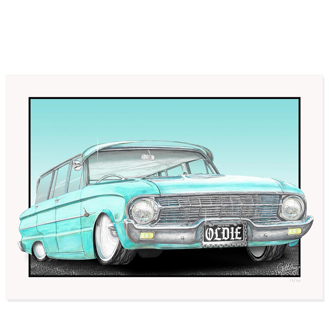 Geltchy | OLDIE XL Ford Falcon Car Old School Station Wagon Longroof Street Machine Garage Man Cave Decor Illustrated Auto Art Prints