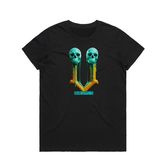 ISCREAM women's black t-shirt with turquoise ice cream skull design by SMVRK SUPPLY CO, premium cotton tee front view