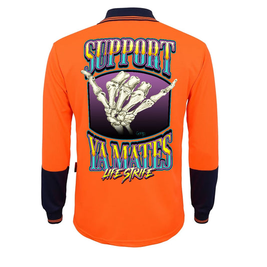 LIFE STRIFE | SUPPORT YA MATES Mens Hi Vis Longsleeve Polo Tradie Work Shirt