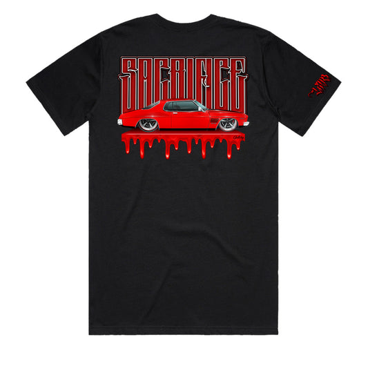 LIVE FAST HQ Holden GTS Black T-Shirt by SACRIFICE Industries featuring classic Australian muscle car design on premium cotton