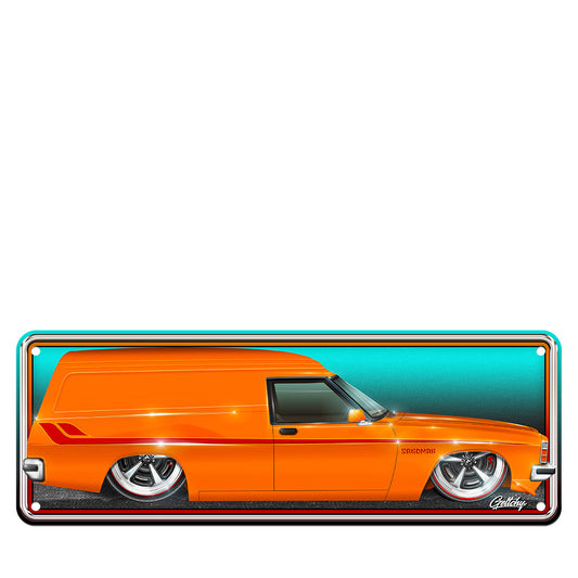 Limited Edition Holden HZ Sandman Valencia Orange Panel Van Number Plate Sign by Mark Geltch - Australian-made man cave decor