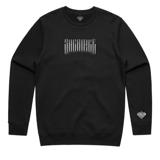 Premium Australian-made NO MASTERS fleece sweatshirt by SACRIFICE Industries featuring chest logo print, 350 GSM eco-conscious crew neck in black
