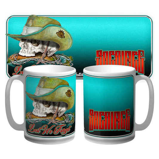 ANZAC Memorial coffee mug featuring hand-illustrated slouch hat skull over Australia and NZ by Mark Geltch. Premium 15oz military tribute mug, Australian made.