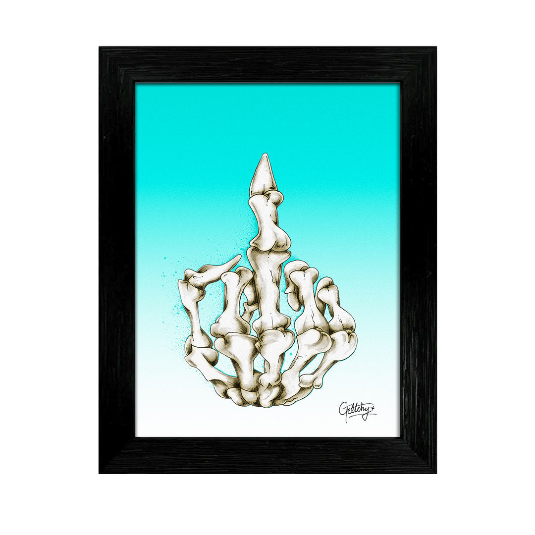 Hand-drawn skeletal middle finger illustration on distressed teal background, tribute to The Angels pub rock anthem, framed aluminium art print by Australian artist Mark Geltch for man cave wall decor