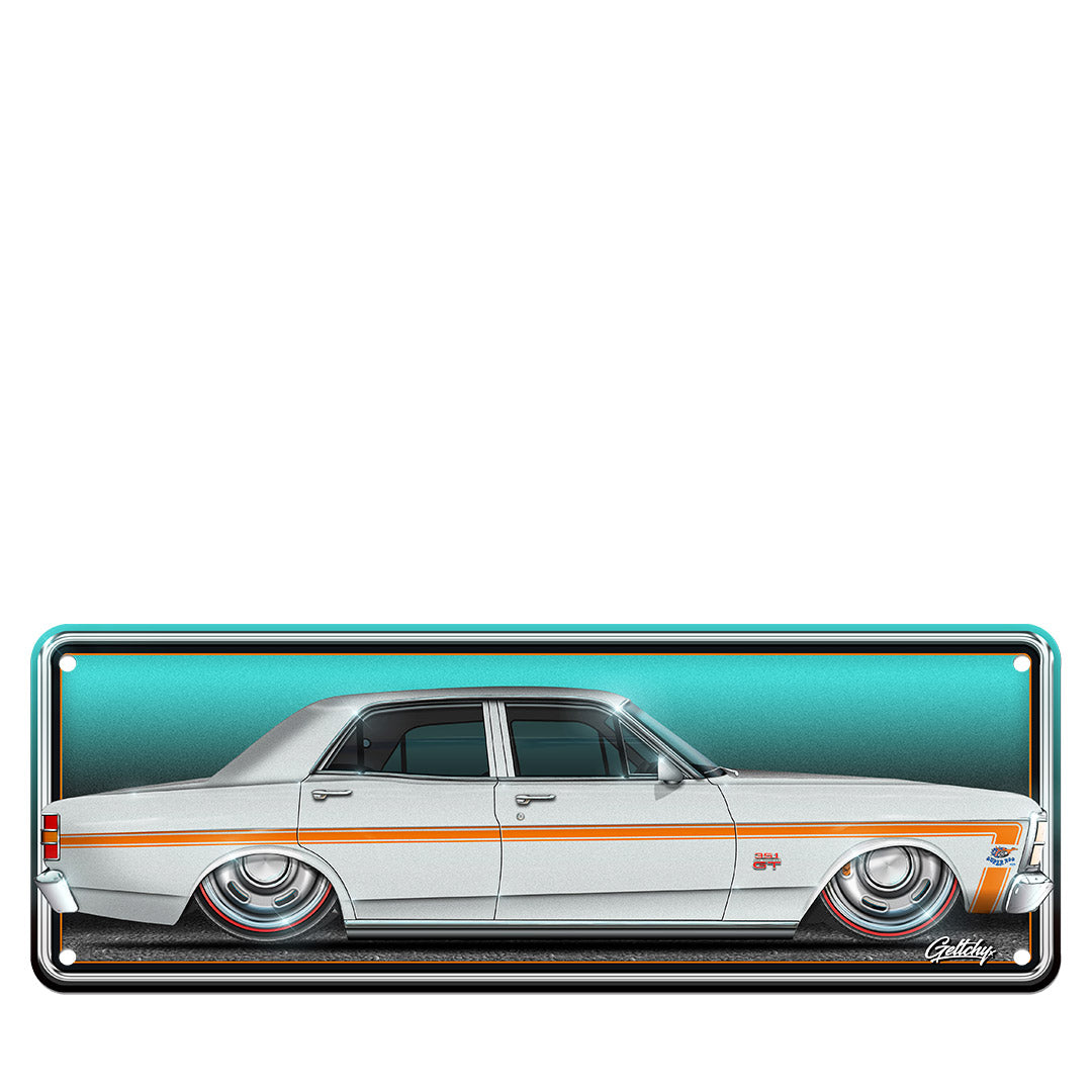 Hand-illustrated XW Ford Falcon GT Silver Fox aluminium number plate by Mark Geltch. Limited edition Australian automotive wall art for man cave decor. Premium quality Aussie car memorabilia.