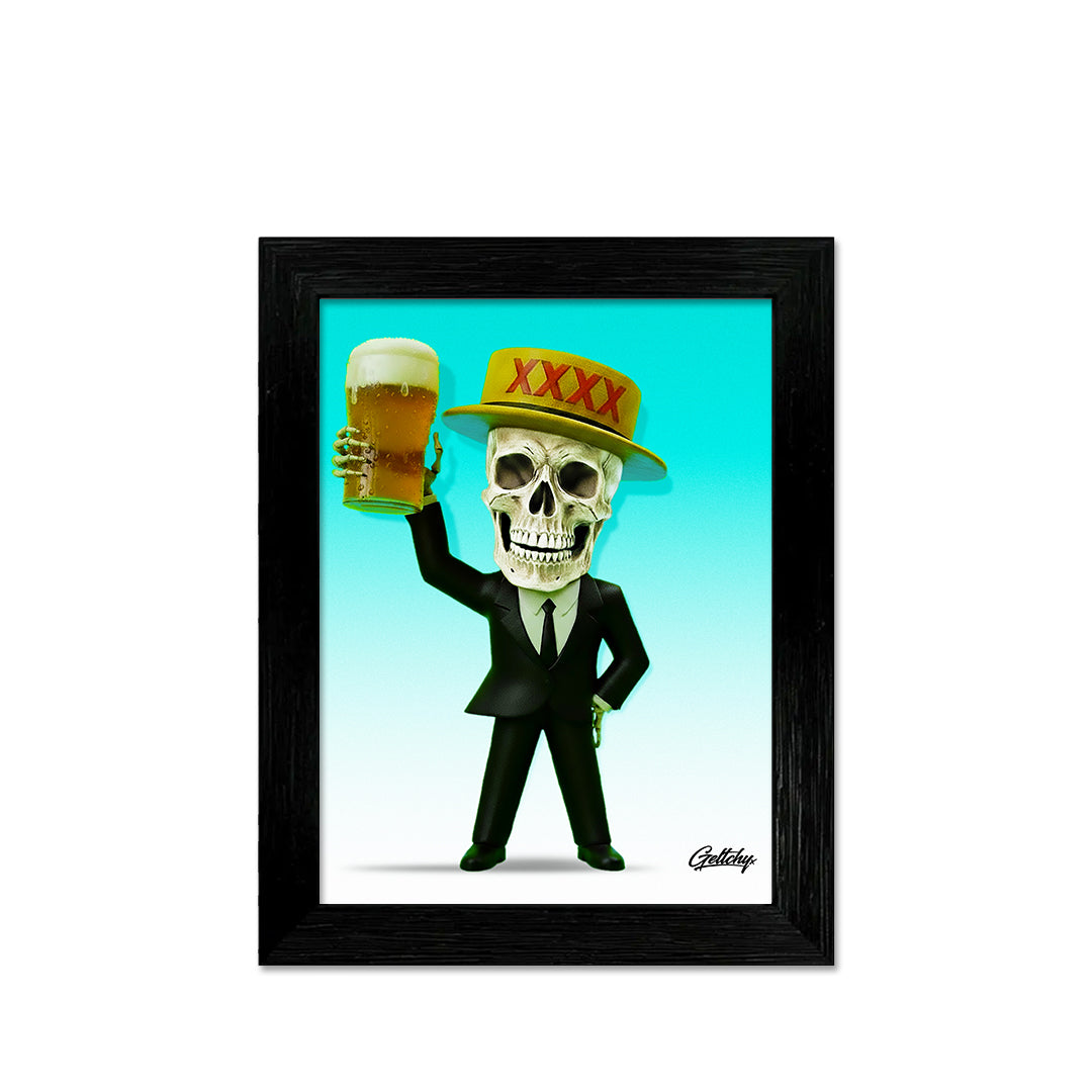XXXX Man skull art print small 18cm framed aluminium Australian beer pop art by Geltchy for man cave bar decor