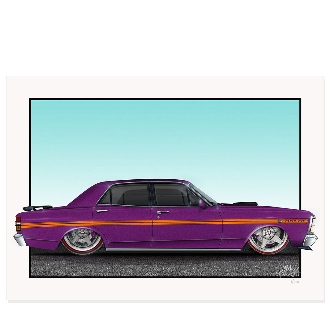 Geltchy | XY Ford Falcon GTHO Wild Violet Auto Art Man Cave Art Print