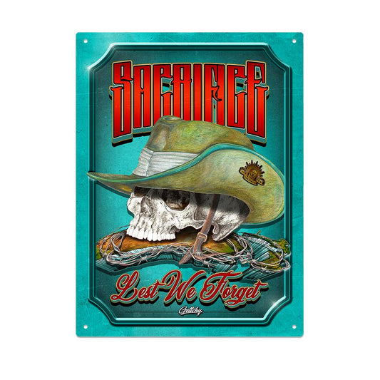 ANZAC Day Memorial Lest We Forget Tin Sign featuring Australian Military Tribute Skull Design with Slouch Hat, Hand-illustrated by Mark Geltch