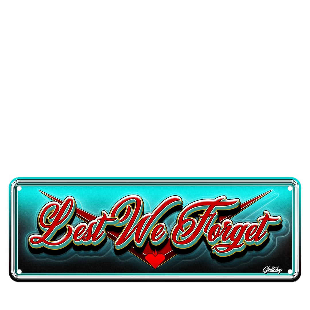 ANZAC Memorial Number Plate Military Tribute Man Cave Sign featuring Lest We Forget Design, Illustrated Australian-made Wall Decor by Mark Geltch
