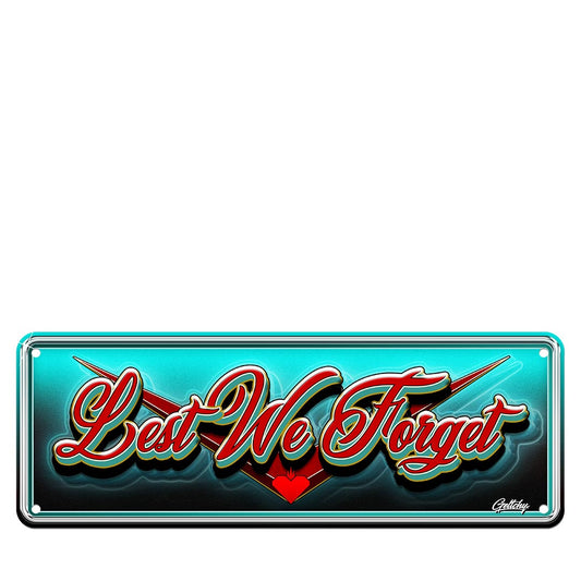 ANZAC Memorial Number Plate Military Tribute Man Cave Sign featuring Lest We Forget Design, Illustrated Australian-made Wall Decor by Mark Geltch