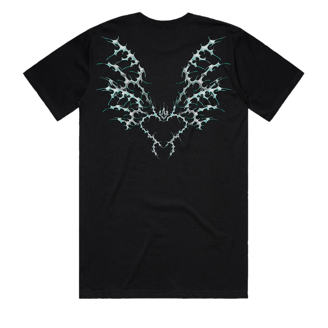 CHAMBER Black Heavy Cotton Tee 220GSM back view with oversized neo-tribal heart chrome graphic by SACRIFICE Industries mens streetwear