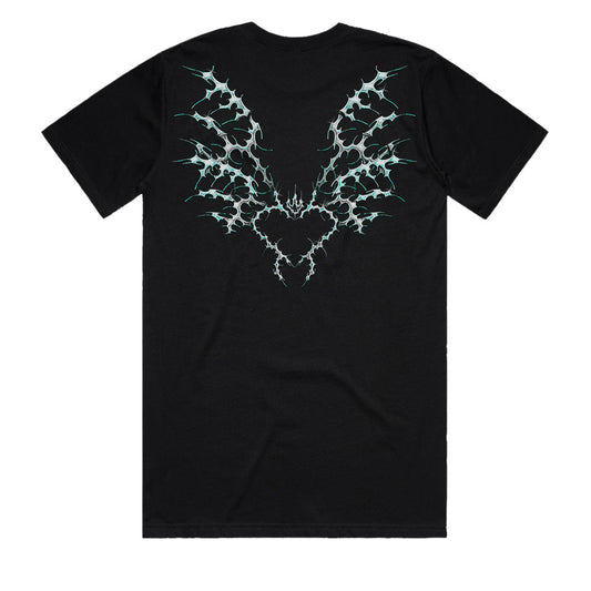 CHAMBER Black Heavy Cotton Tee 220GSM back view with oversized neo-tribal heart chrome graphic by SACRIFICE Industries mens streetwear