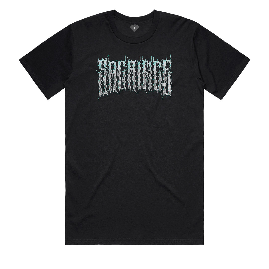 CHAMBER Black Heavy Cotton Tee 220GSM front view with neo-tribal chrome chest graphic by SACRIFICE Industries mens streetwear