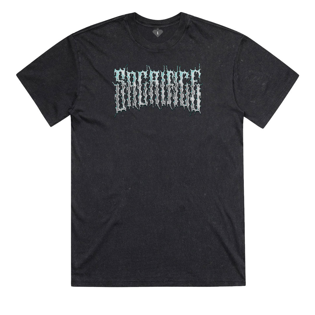 CREED Black Stone Wash Heavy Cotton Tee 220GSM Front View Cybersigilism Chrome Lettering SACRIFICE Industries Streetwear