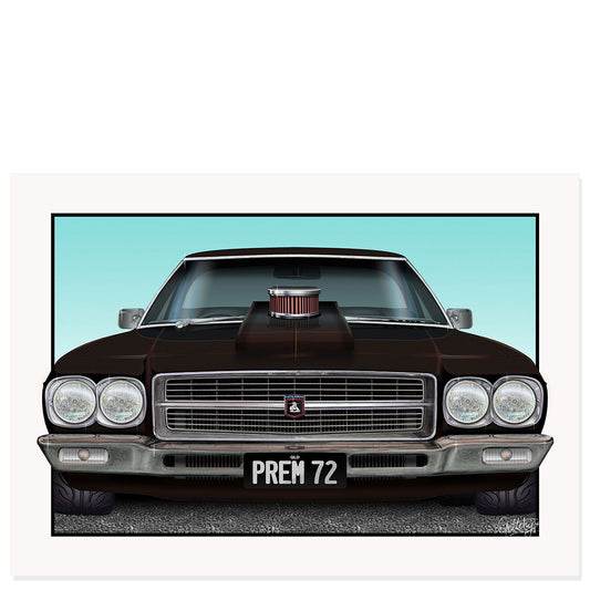 Custom car artwork front view of Prem 72 HQ Holden Premier owned by Chris Fitzhenry – personalised fine art print by Mark Geltch