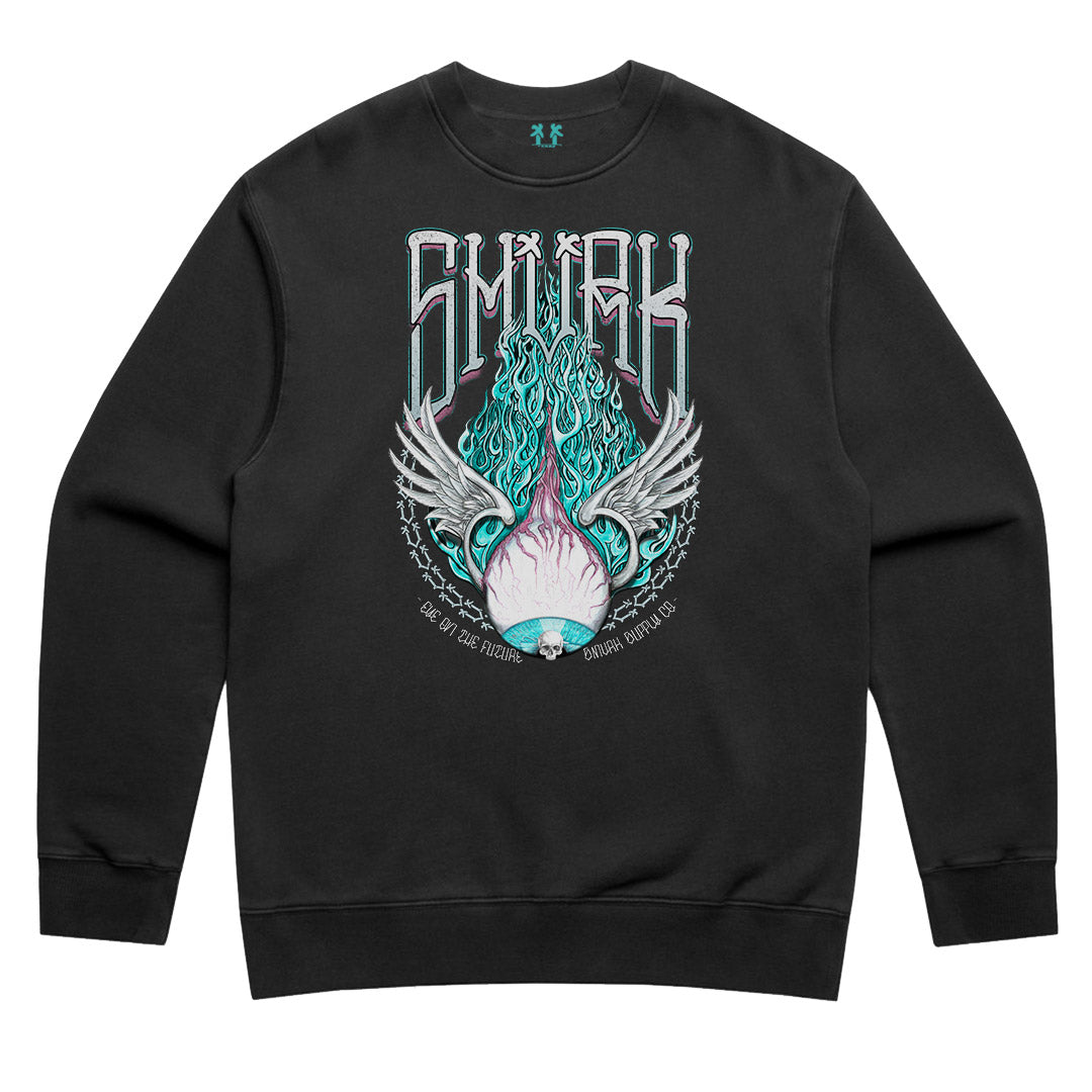 Limited Edition EYEBALL INFERNO Distressed Crew Sweatshirt by SMVRK x Geltchy, featuring hand-illustrated flame eyeball design by Mark Geltch