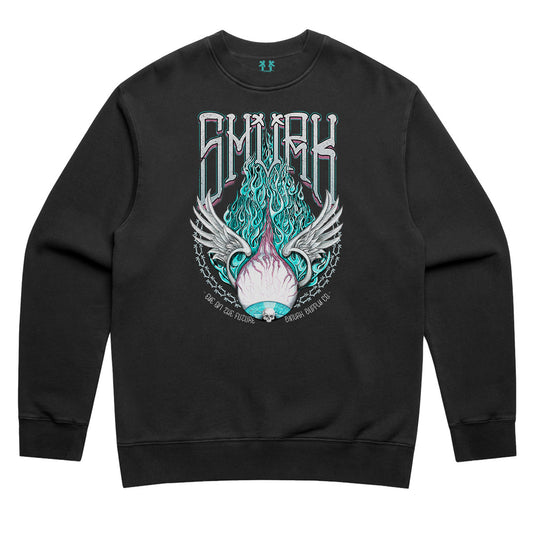 Limited Edition EYEBALL INFERNO Distressed Crew Sweatshirt by SMVRK x Geltchy, featuring hand-illustrated flame eyeball design by Mark Geltch
