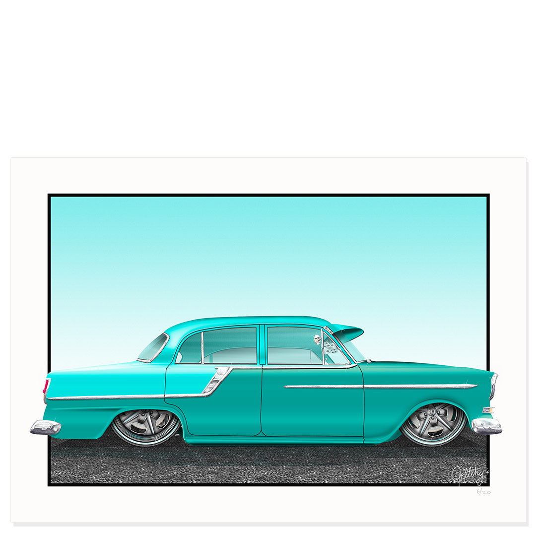 FC Holden art print of a hand-illustrated Olinda green sedan, slammed on billet wheels, signed and numbered by Geltchy