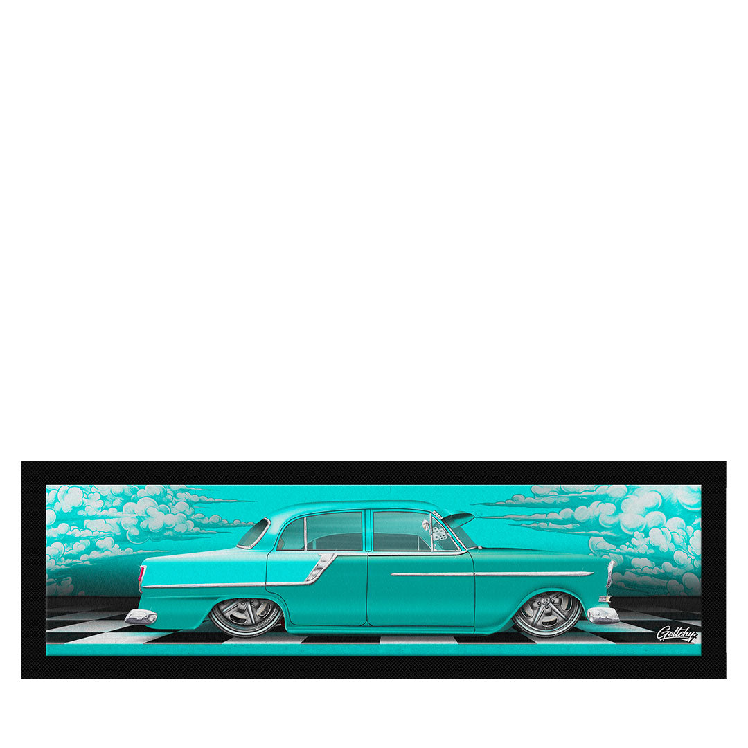 FC Holden Bar Runner, hand-illustrated Ice Green FC on teal checkerboard artwork, 890mm limited edition Australian made bar mat