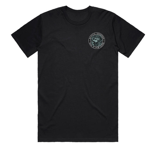 Hardcore Rose back print t-shirt False Culture Rose mens black tee by Sacrifice Industries - Front detail