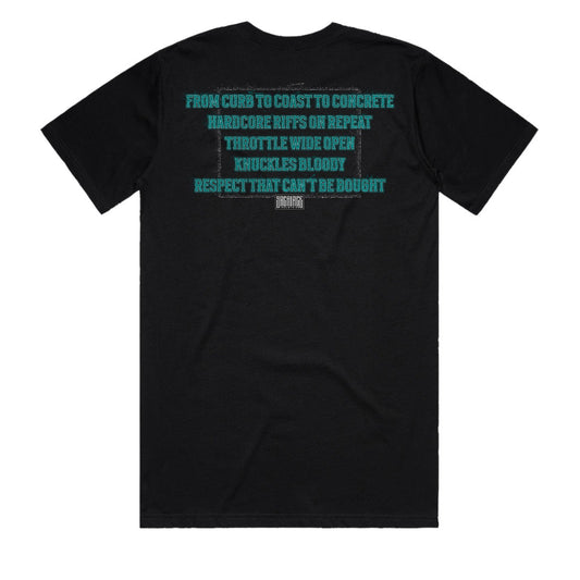 Hardcore streetwear t-shirt men’s black with distressed manifesto back print