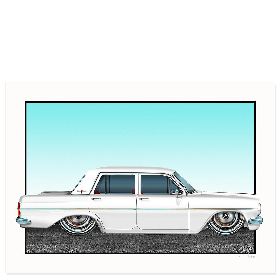 Holden Car Art EH Premier 4 Door Fowlers Ivory limited edition hand-illustrated art print, Australian made collectible