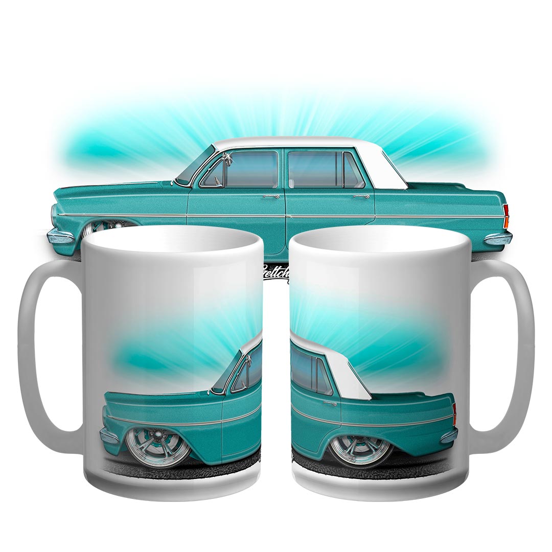 Holden EH Street Machine Coffee Mug 15oz Fowlers Ivory Seamist Green Australian Made Hand-Illustrated Geltchy Automotive Art