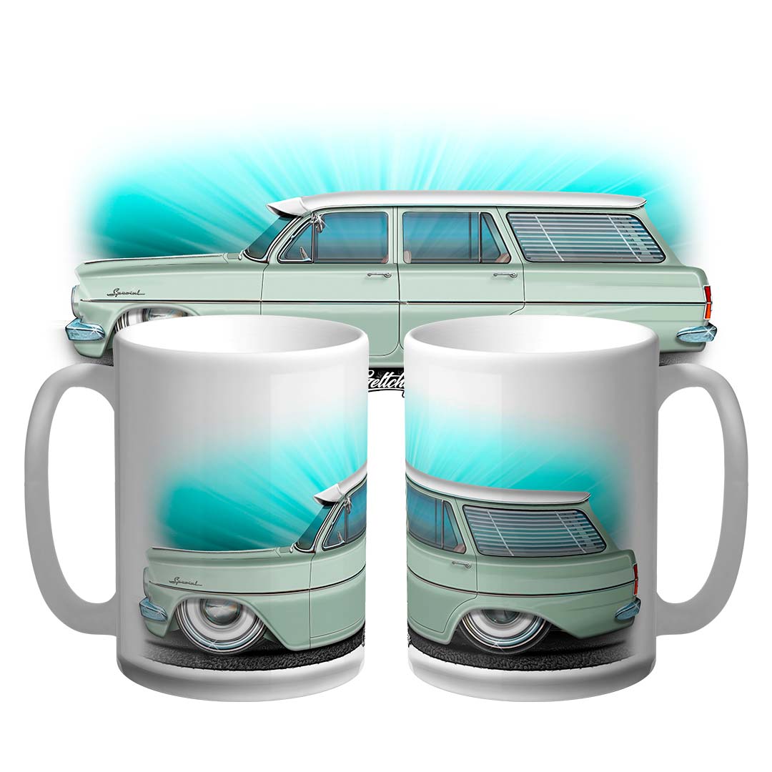 Holden EH Wagon Saltbush Green 15oz coffee mug, Australian-made ceramic with hand-illustrated classic Holden artwork by Geltchy.