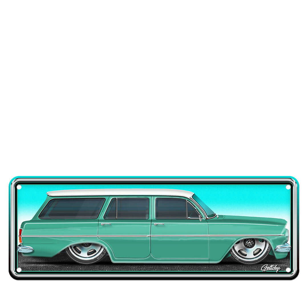 Holden EH Wagon street machine number plate sign in Fowlers Ivory over Mitta Green, premium Australian made man cave decor, hand-illustrated by Mark Geltch