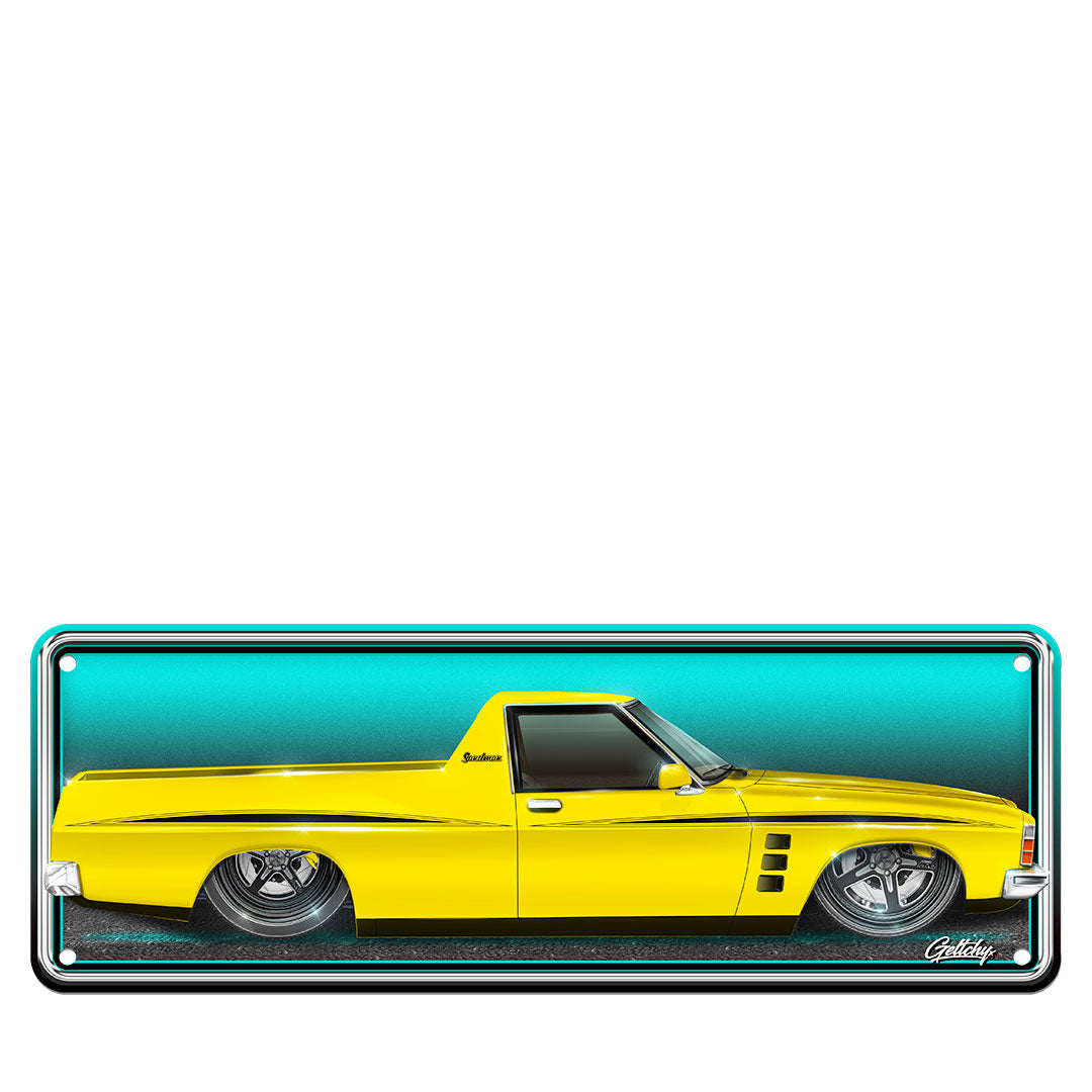 Holden HJ Sandman Ute number plate sign in Absinth Yellow with black trim and Pro Drag Forged wheels, illustrated by Geltchy