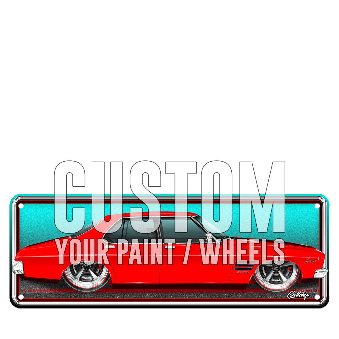 Custom Holden HQ GTS Monaro number plate sign showing different paint colours and wheel options - personalised Australian automotive art for man cave decoration